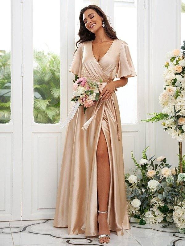 A-Line/Princess Silk like Satin Sash/Ribbon/Belt V-neck Short Sleeves Floor-Length Bridesmaid Dresses - RongMoon
