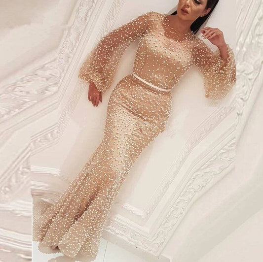 Luxurious Muslim Evening Dresses Mermaid Long Sleeves Pearls Champagne Islamic Dubai Saudi Arabic Long Formal Evening Gown - RongMoon
