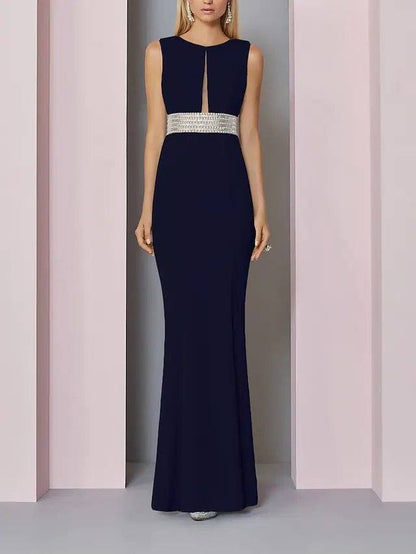 Sheath / Column Mother of the Bride Dress Elegant Jewel Neck Floor Length Stretch Fabric Sleeveless with Sash / Ribbon Sequin - RongMoon