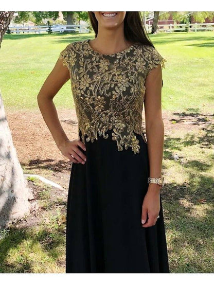 Sheath / Column Mother of the Bride Dress Elegant Jewel Neck Floor Length Chiffon Lace Short Sleeve with Appliques Ruching - RongMoon