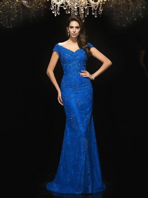 Trumpet/Mermaid V-neck Lace Sleeveless Long Lace Mother of the Bride Dresses - RongMoon