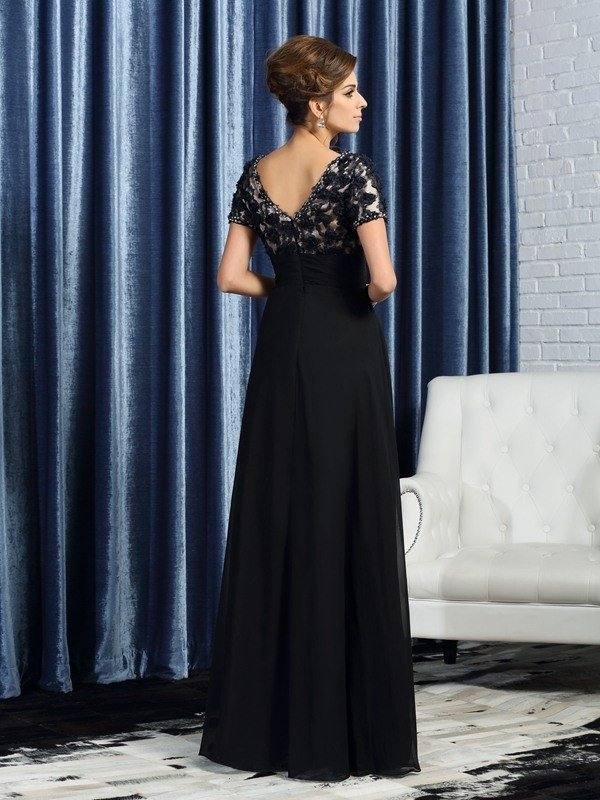 A-Line/Princess V-neck Short Sleeves Long Chiffon Mother of the Bride Dresses - RongMoon