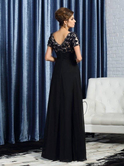 A-Line/Princess V-neck Short Sleeves Long Chiffon Mother of the Bride Dresses - RongMoon