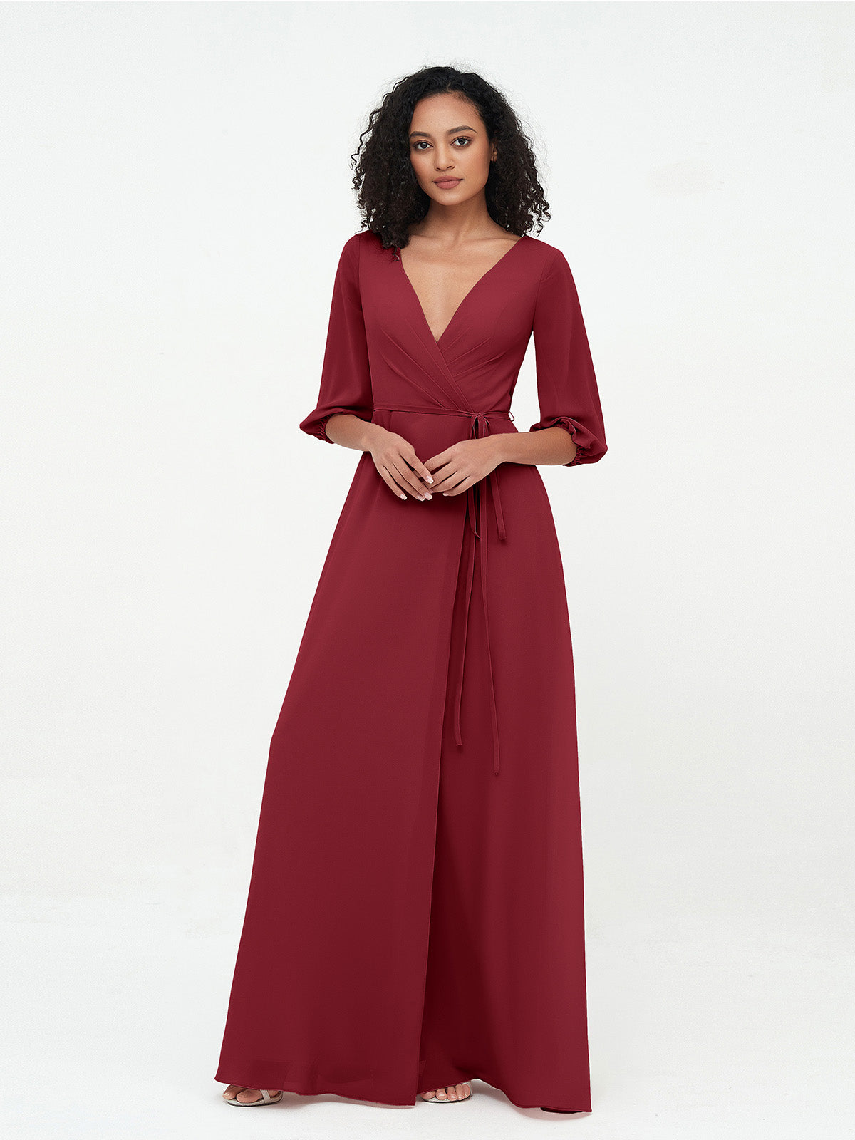 Deep V-neck 1/2 Sleeves Chiffon Max Dresses-Burgundy
