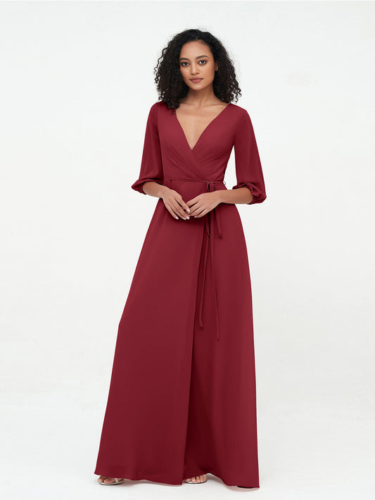 Deep V-neck 1/2 Sleeves Chiffon Max Dresses-Burgundy