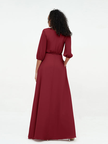Deep V-neck 1/2 Sleeves Chiffon Max Dresses-Burgundy