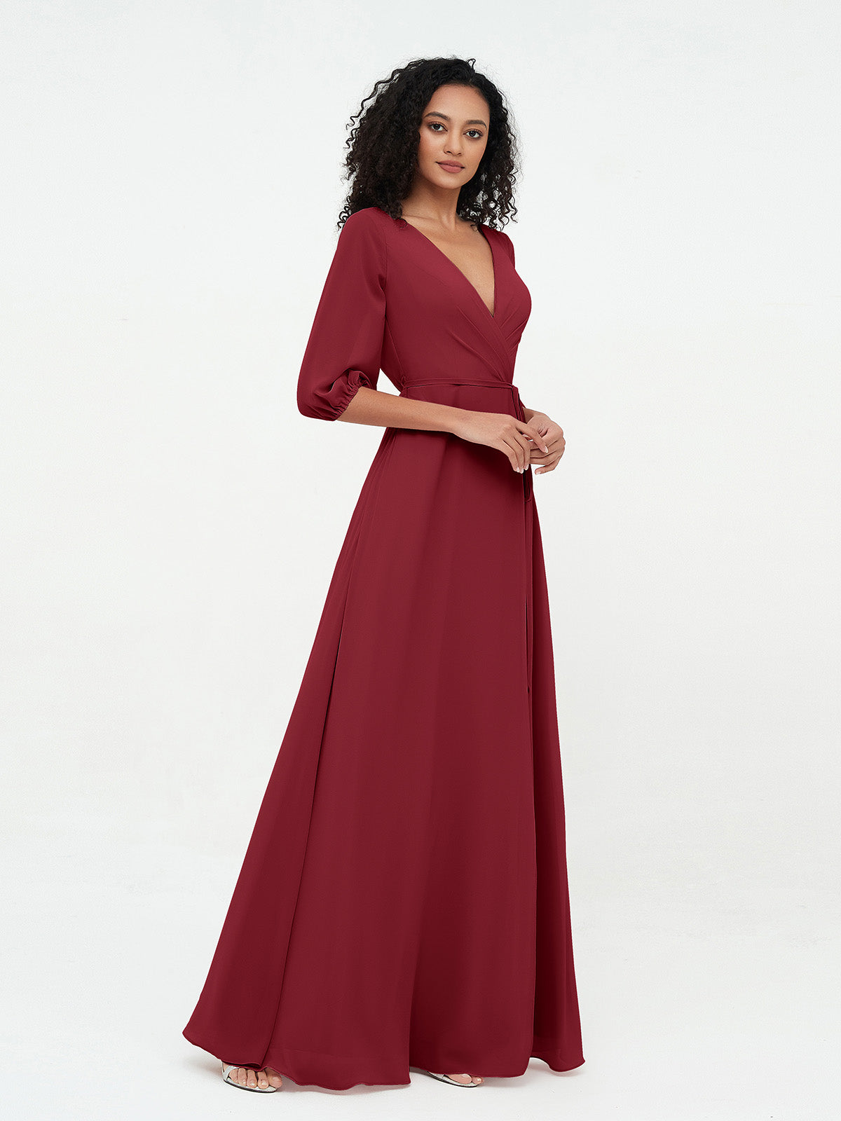 Deep V-neck 1/2 Sleeves Chiffon Max Dresses-Burgundy