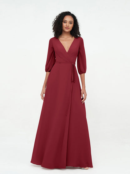 Deep V-neck 1/2 Sleeves Chiffon Max Dresses-Burgundy