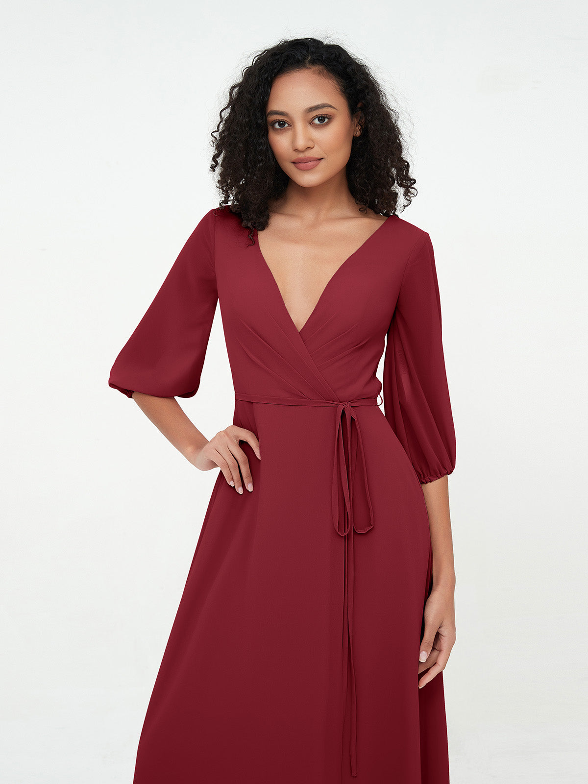 Deep V-neck 1/2 Sleeves Chiffon Max Dresses-Burgundy