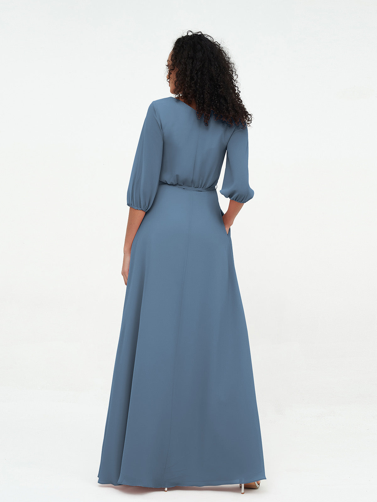Deep V-neck 1/2 Sleeves Chiffon Max Dresses-Slate Blue