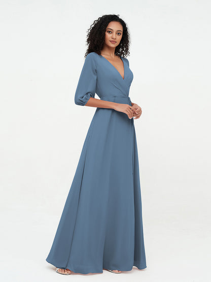 Deep V-neck 1/2 Sleeves Chiffon Max Dresses-Slate Blue