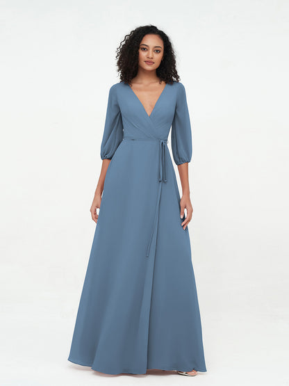Deep V-neck 1/2 Sleeves Chiffon Max Dresses-Slate Blue