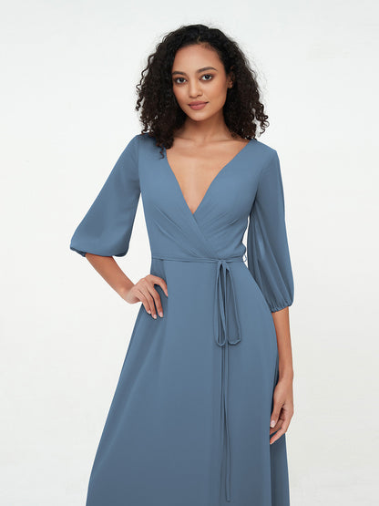 Deep V-neck 1/2 Sleeves Chiffon Max Dresses-Slate Blue