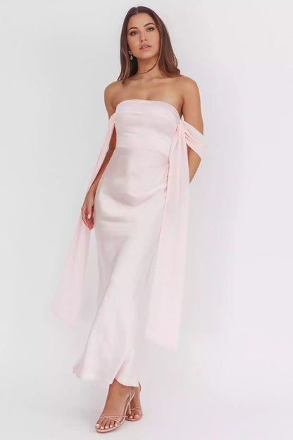 Unforgettable lining with hanging off shoulder sleeves and zippered back Prom Dresses