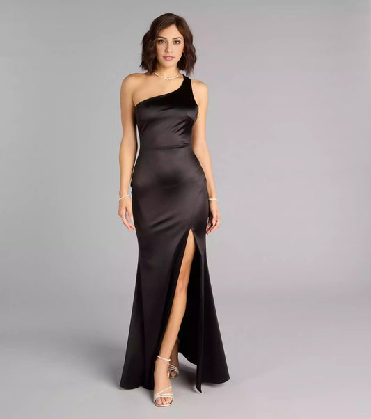 Unforgettable stretch satin single shoulder collar with hollowed out high slit at the back, mermaid and floor skirt Prom Dresses