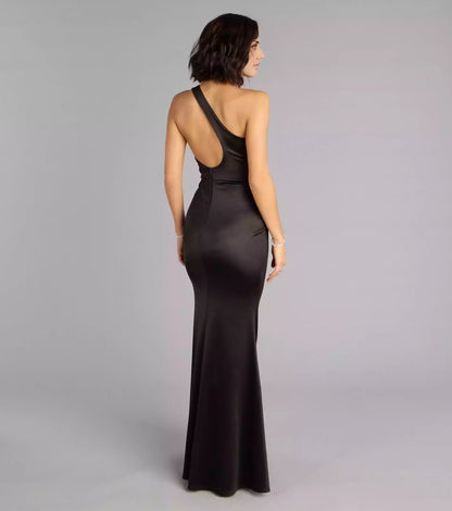 Unforgettable stretch satin single shoulder collar with hollowed out high slit at the back, mermaid and floor skirt Prom Dresses