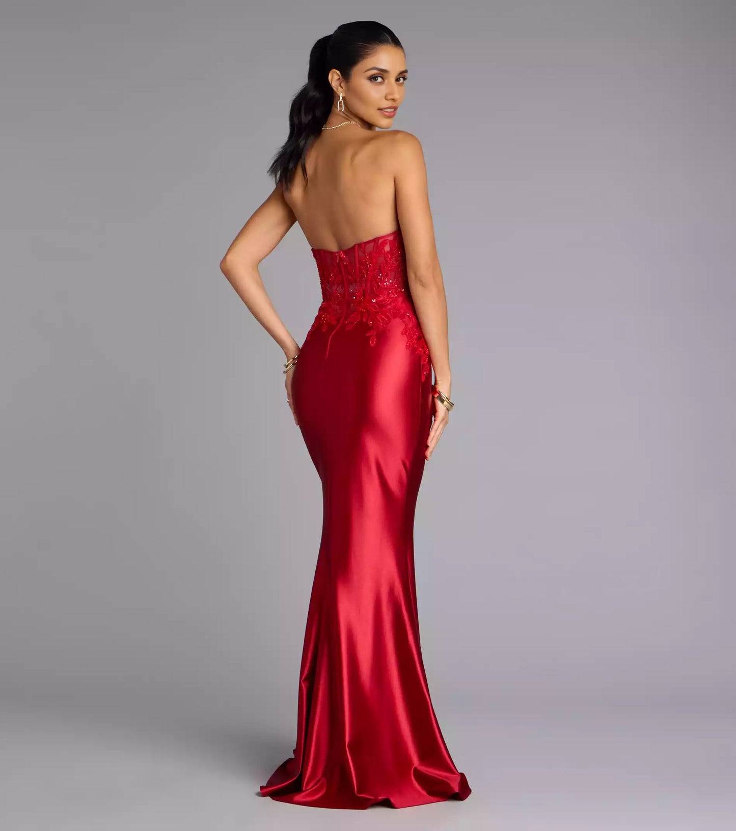 Unforgettable stretch satin strapless neckline corset back zipper mermaid and floor Prom Dresses