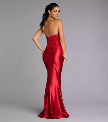 Unforgettable stretch satin strapless neckline corset back zipper mermaid and floor Prom Dresses