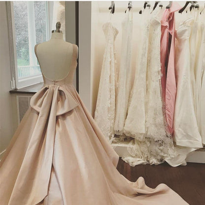 Unique Bow Back Satin Princess Wedding Dresses Pink