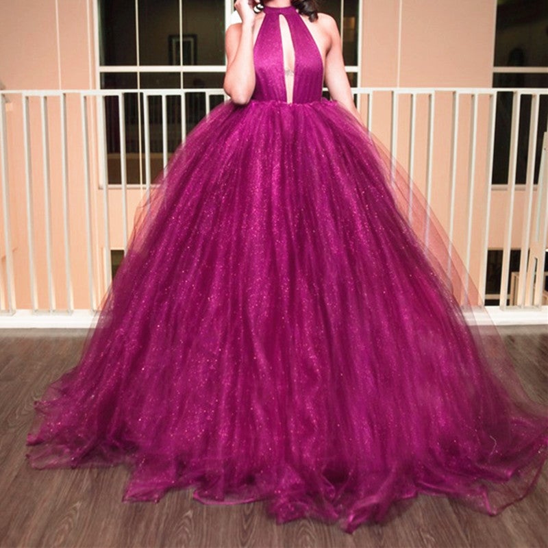 Unique Halter Top Organza Ball Gowns Prom Dresses