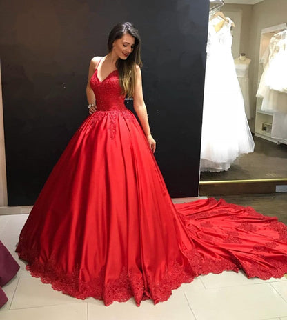 Unique Lace Appliques V-neck Chapel Train Satin Wedding Dresses Red