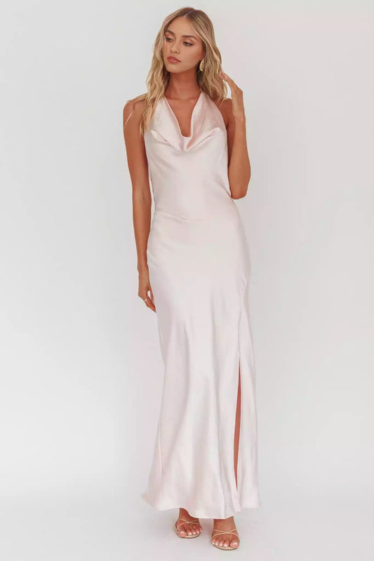 Unique backless side slit satin scarf collar with zipper at the back Prom Dresses