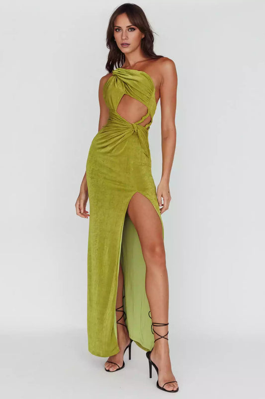 Unique mid length lined hollow tight corset with split front thighs and zippered back Prom Dresses
