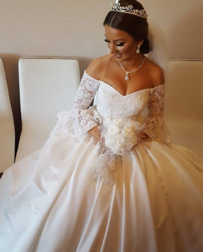 V Neck Off The Shoulder Satin Wedding Ball Gown Dresses Lace Puffy Sleeves