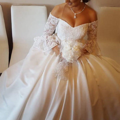 V Neck Off The Shoulder Satin Wedding Ball Gown Dresses Lace Puffy Sleeves