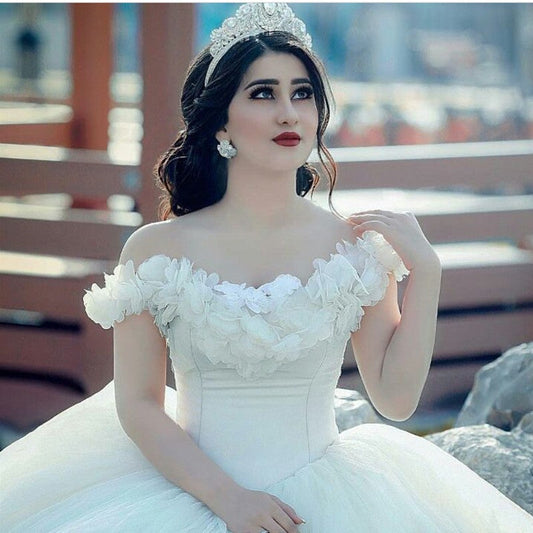 V Neck Off The Shoulder Tulle Ball Gown Wedding Dresses