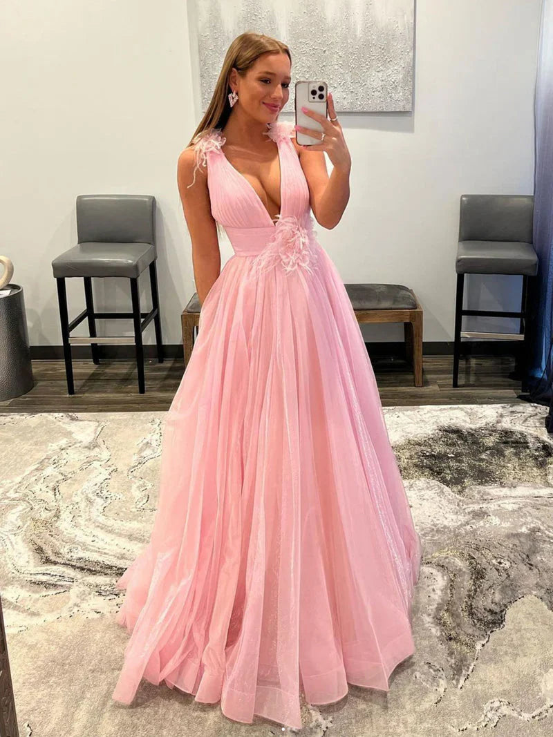 Aimishang Prom Dresses Elegant Deep V Neck Pink Princess Evening Dresses