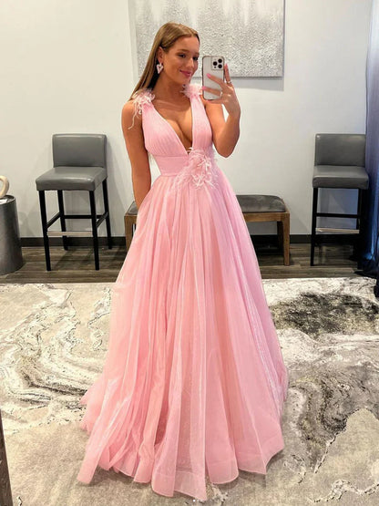 Aimishang Prom Dresses Elegant Deep V Neck Pink Princess Evening Dresses