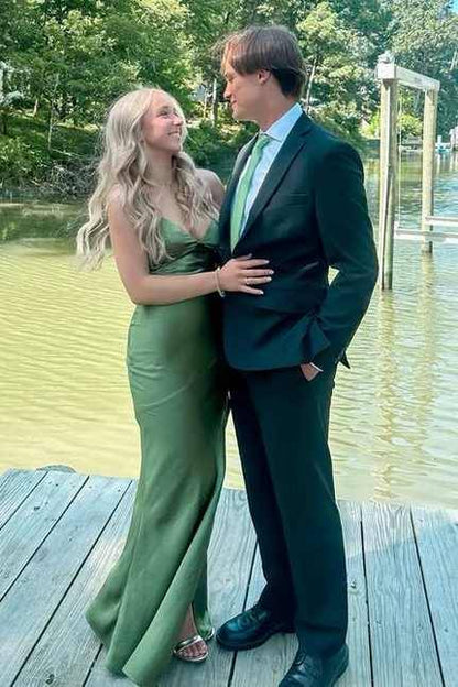 Sexy Backless Dusty Sage V-Neck Sheath Fit Prom Dress