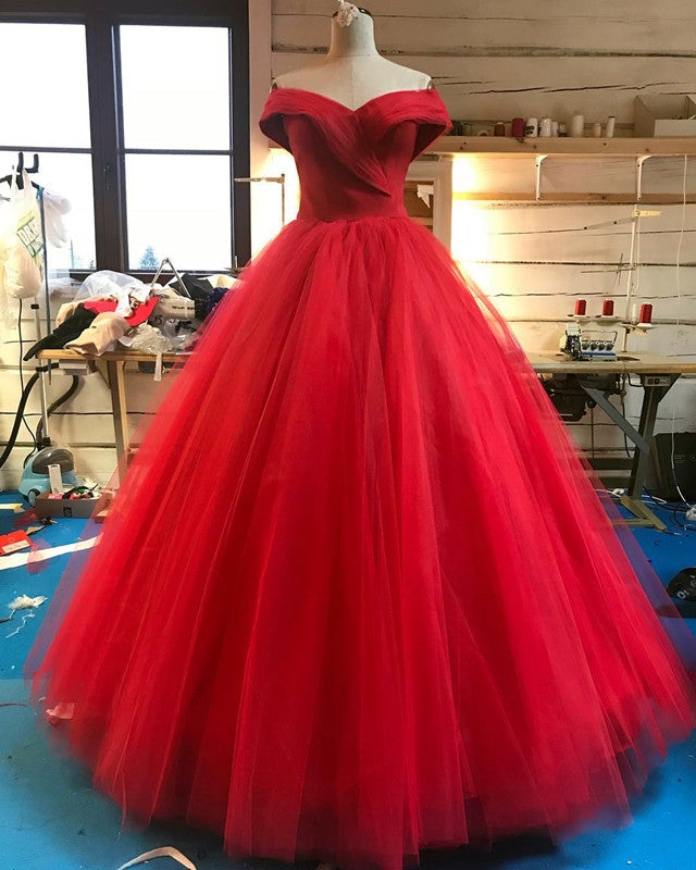 V-neck Off The Shoulder Tulle Floor Length Ball Gowns Wedding Dresses