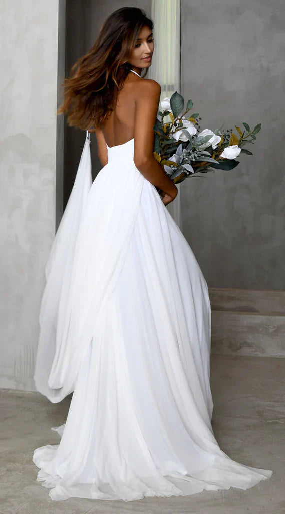 Aimishang Evening Dresses V-neck Chiffon Backless Prom Dresses Slit