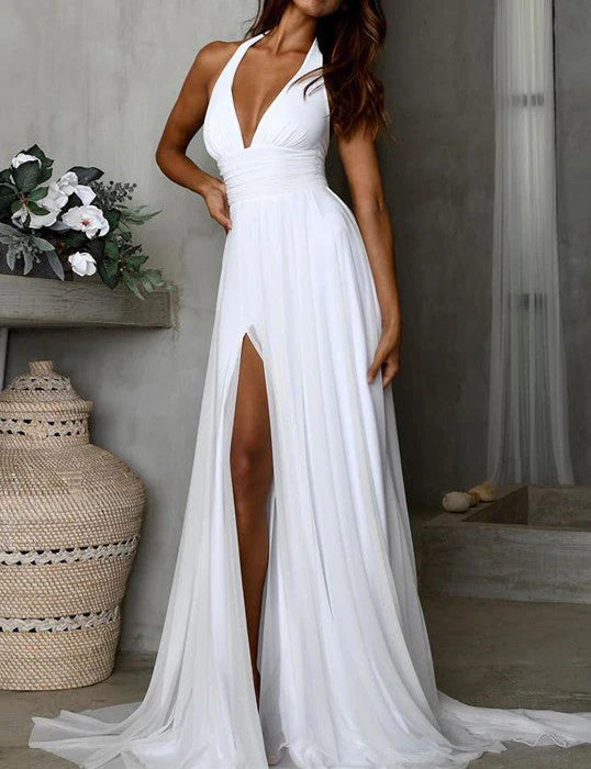 Aimishang Evening Dresses V-neck Chiffon Backless Prom Dresses Slit