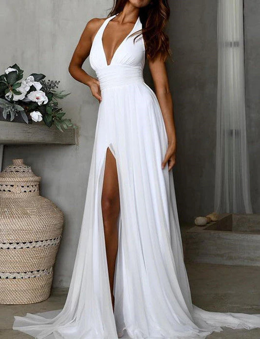 Aimishang Evening Dresses V-neck Chiffon Backless Prom Dresses Slit
