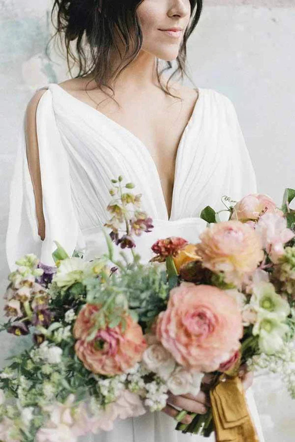Ivory Chiffon A-line V-neck Half Sleeves Long Wedding Dresses