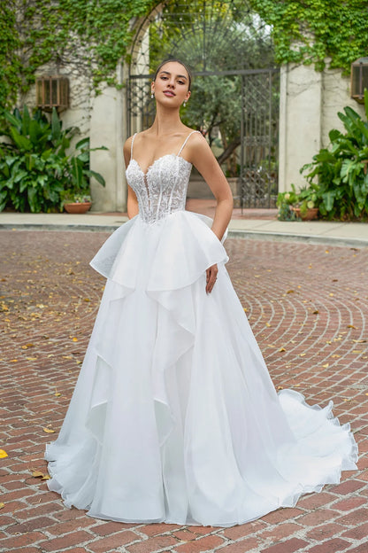 V-neck off shoulder sheer lace applique thin shoulder strap backless and floor length wedding dress