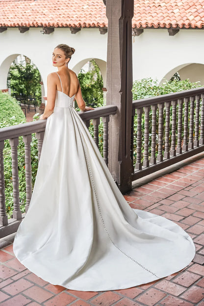 V-neck off shoulder sleeveless thin shoulder strap backless side slit and floor length wedding dress