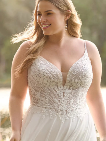 V-neck off shoulder thin shoulder strap lace decal and floor length wedding dress