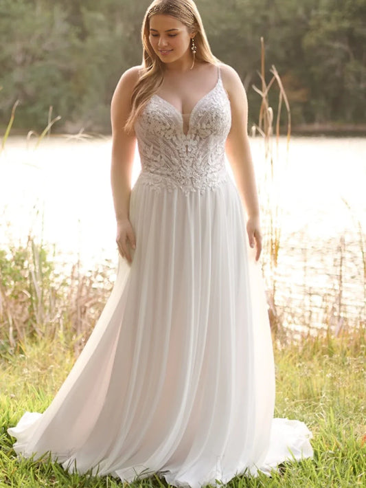 V-neck off shoulder thin shoulder strap lace decal and floor length wedding dress