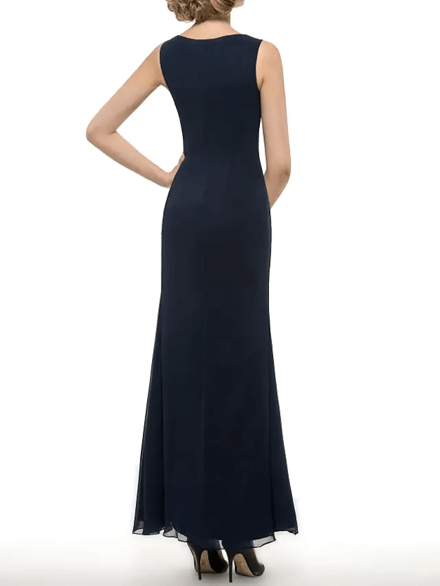 Two Piece Sheath / Column Mother of the Bride Dress Elegant Jewel Neck Floor Length Chiffon Sleeveless with Sequin Split Front - RongMoon