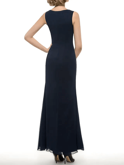 Two Piece Sheath / Column Mother of the Bride Dress Elegant Jewel Neck Floor Length Chiffon Sleeveless with Sequin Split Front - RongMoon