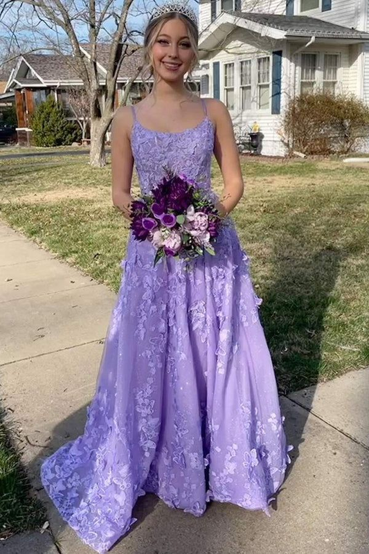 Spaghetti Straps Tulle Lace Appliques Evening Dress Lavender A Line Prom Party Dress  cc2451