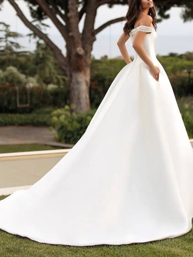 A-Line Wedding Dresses Off Shoulder Court Train Satin Sleeveless Simple with Beading - RongMoon