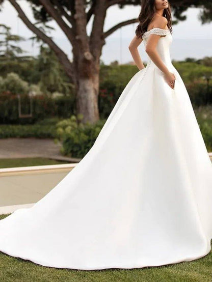 A-Line Wedding Dresses Off Shoulder Court Train Satin Sleeveless Simple with Beading - RongMoon