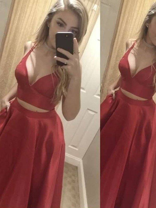 A-Line/Princess Sleeveless V-Neck Satin Floor-Length Two Piece Dresses - RongMoon