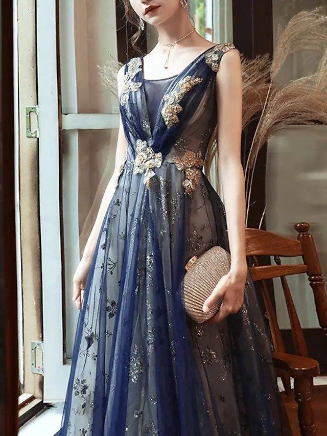A-Line Glittering Wedding Guest Formal Evening Dress Scoop Neck Sleeveless Floor Length Organza with Sequin - RongMoon