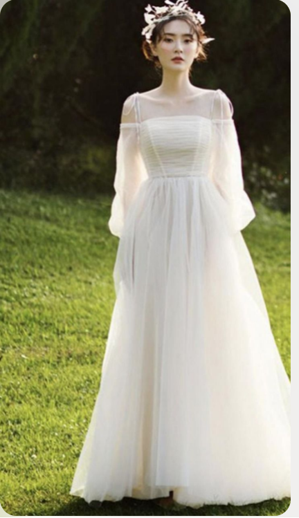 Champagne tulle long prom dress, champagne tulle evening dress  C1608
